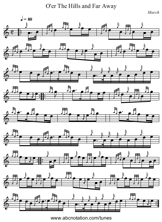 O'er The Hills and Far Away - staff notation