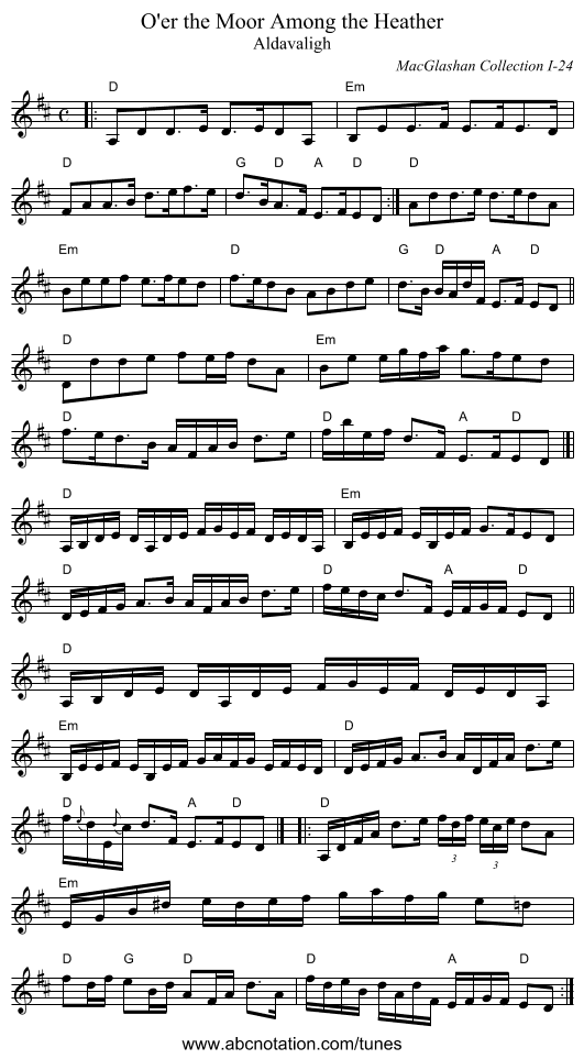 O'er the Moor Among the Heather - staff notation