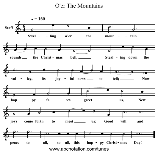 O'er The Mountains - staff notation