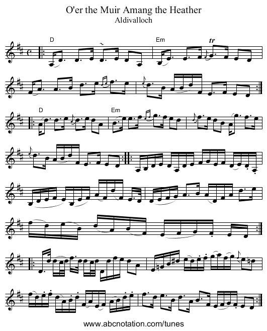 O'er the Muir Amang the Heather - staff notation