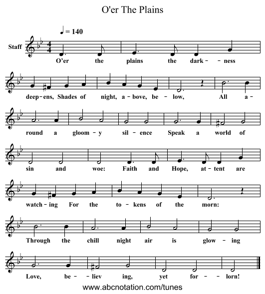 O'er The Plains - staff notation