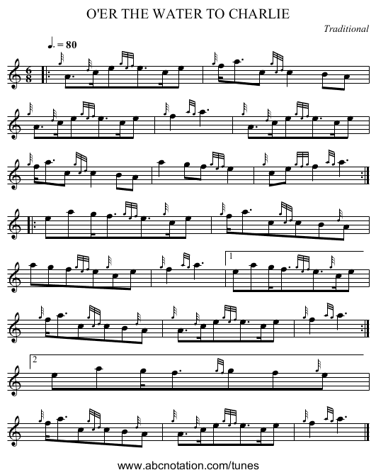 O'ER THE WATER TO CHARLIE - staff notation