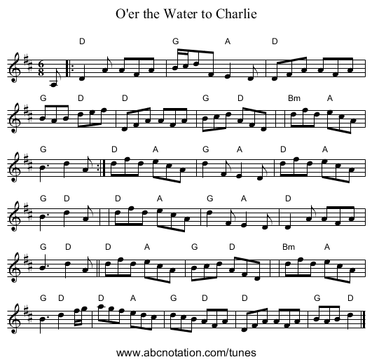 O'er the Water to Charlie - staff notation