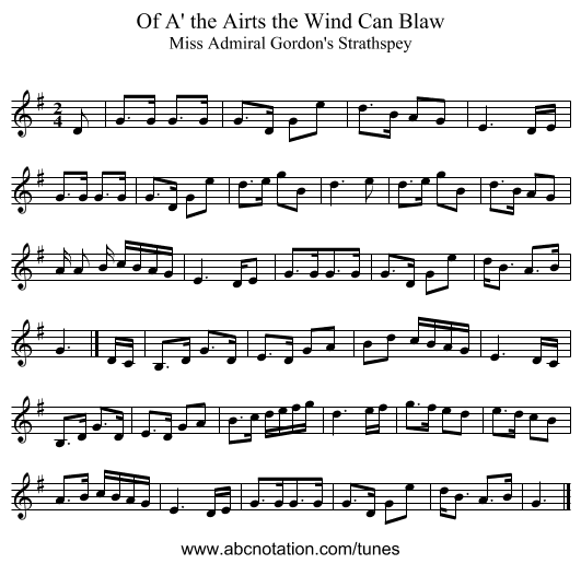 Of A' the Airts the Wind Can Blaw - staff notation