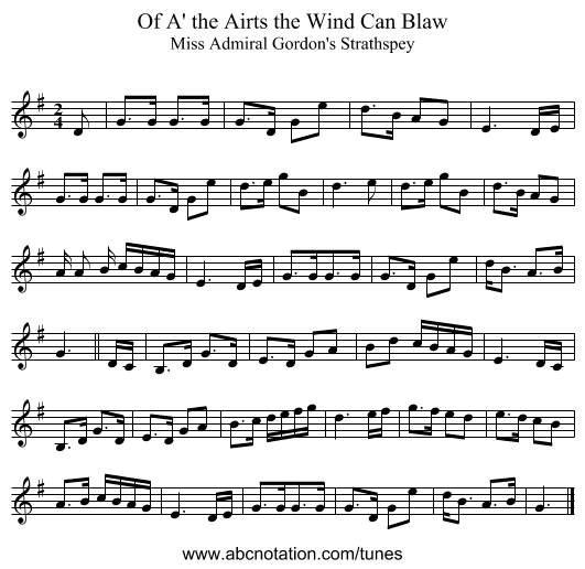 Of A' the Airts the Wind Can Blaw - staff notation