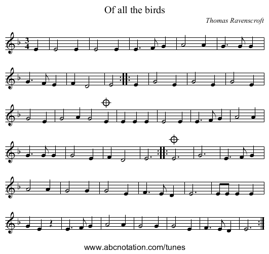 Of all the birds - staff notation