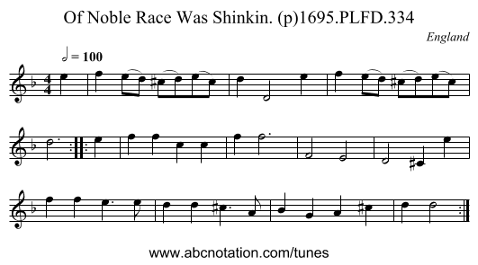 Of Noble Race Was Shinkin. (p)1695.PLFD.334 - staff notation