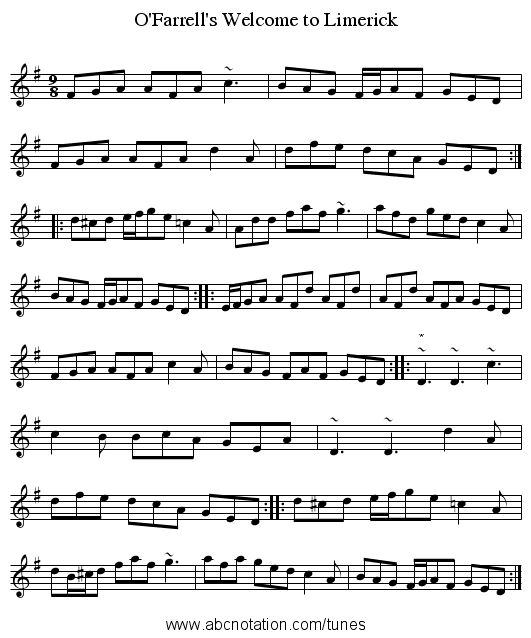 O'Farrell's Welcome to Limerick - staff notation