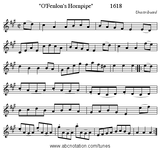 O'Fenlon's Hornpipe           1618 - staff notation