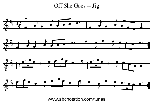 Off She Goes -- Jig - staff notation
