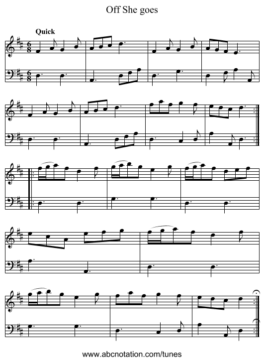 Off She goes - staff notation