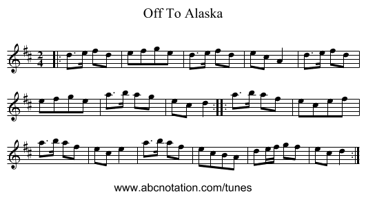 Off To Alaska - staff notation