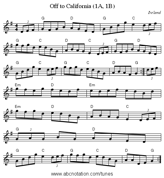 Off to California (1A, 1B) - staff notation