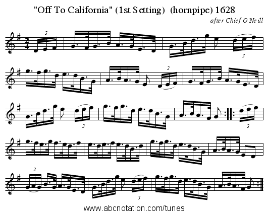Off To California (1st Setting)  (hornpipe) 1628 - staff notation