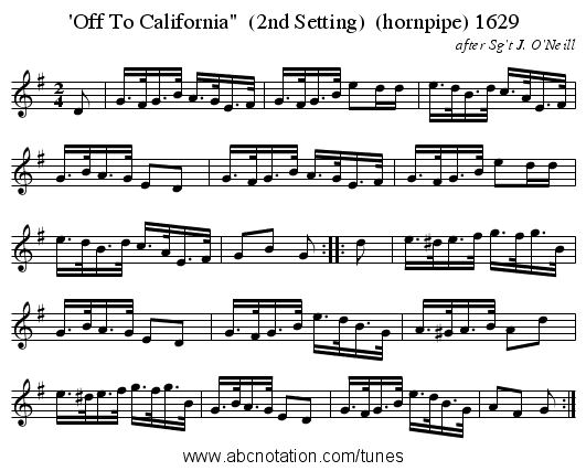 'Off To California  (2nd Setting)  (hornpipe) 1629 - staff notation