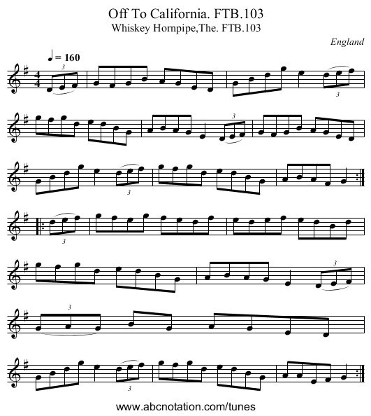 Off To California. FTB.103 - staff notation