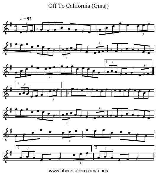 Off To California (Gmaj) - staff notation