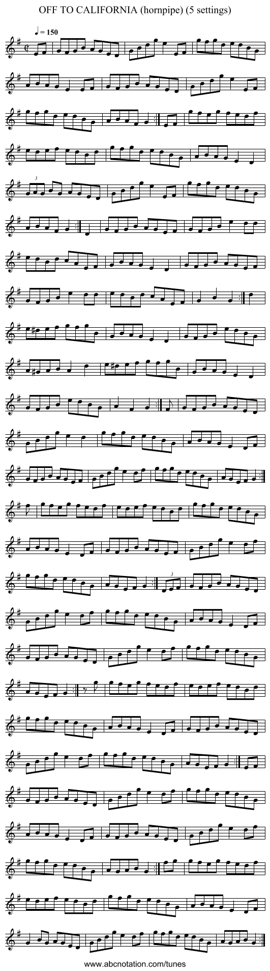 OFF TO CALIFORNIA (hornpipe) (5 settings) - staff notation