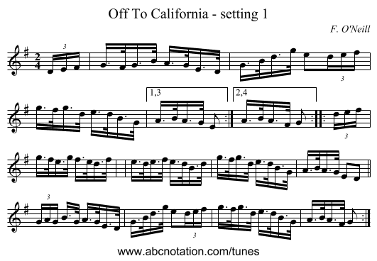 Off To California - setting 1 - staff notation