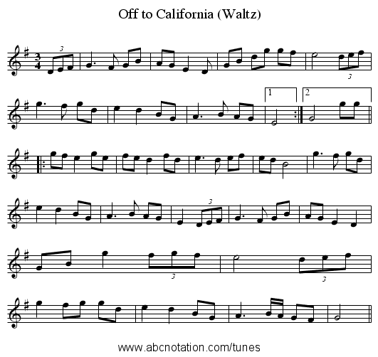 Off to California (Waltz) - staff notation