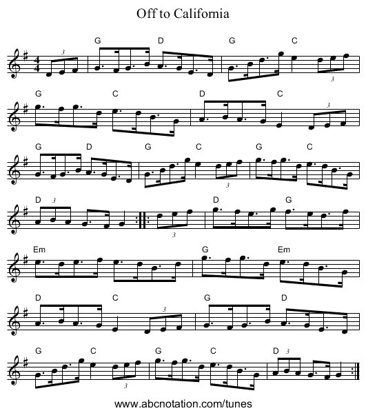 Off to California - staff notation