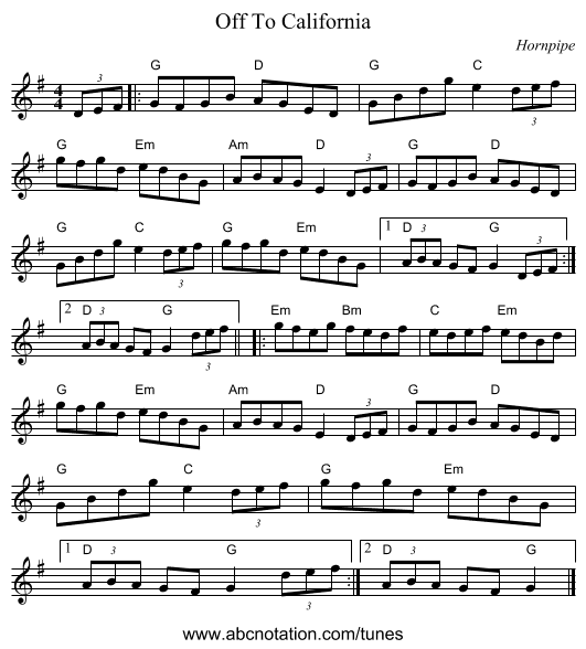 Off To California - staff notation