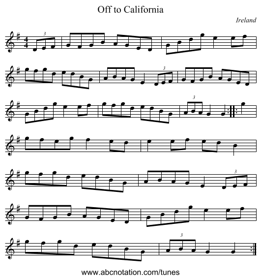 Off to California - staff notation