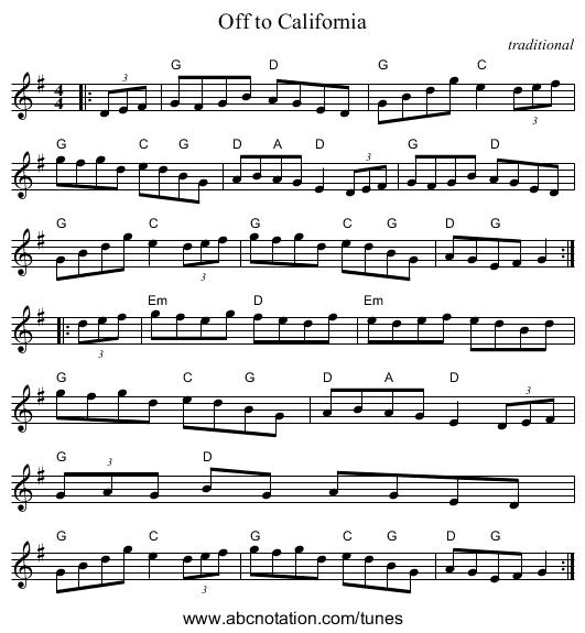 Off to California - staff notation
