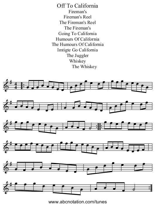 Off To California - staff notation