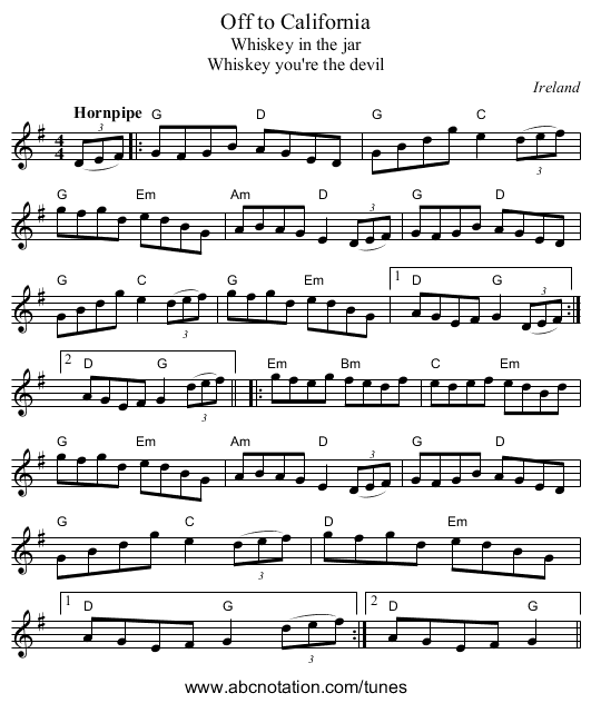 Off to California - staff notation