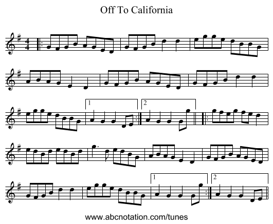 Off To California - staff notation
