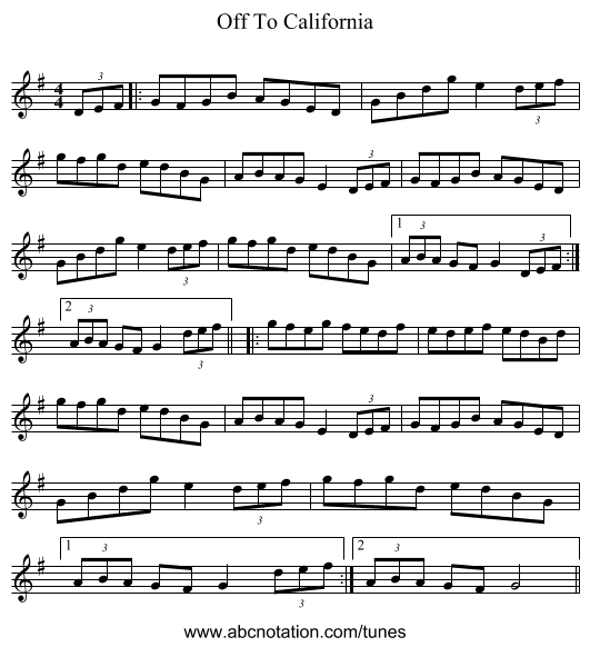 Off To California - staff notation