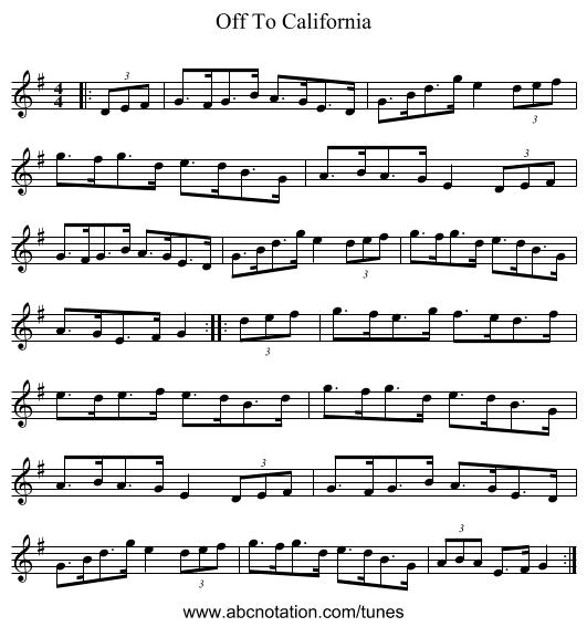 Off To California - staff notation