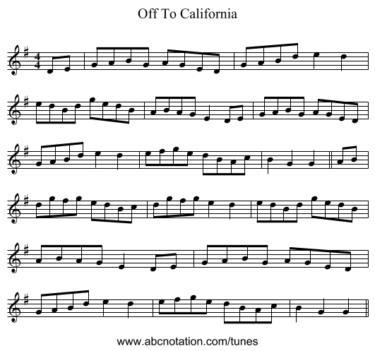 Off To California - staff notation