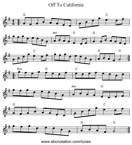 Off To California - staff notation