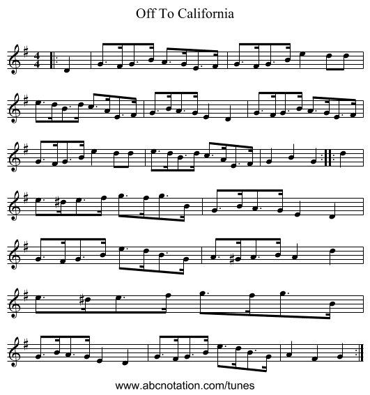 Off To California - staff notation