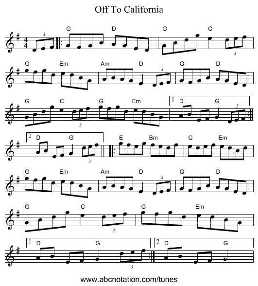 Off To California - staff notation