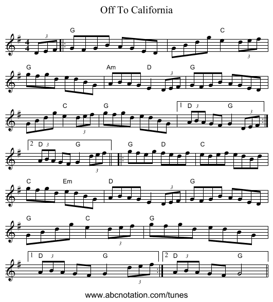 Off To California - staff notation