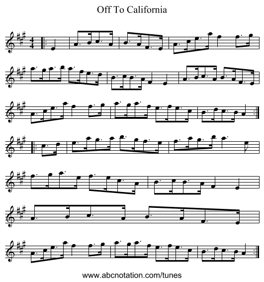 Off To California - staff notation