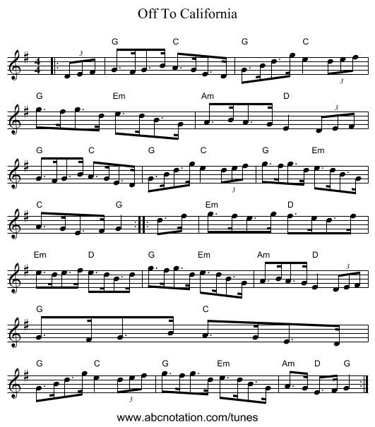 Off To California - staff notation