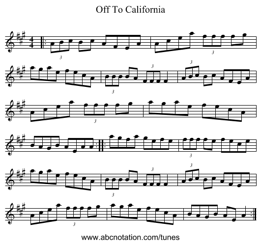 Off To California - staff notation