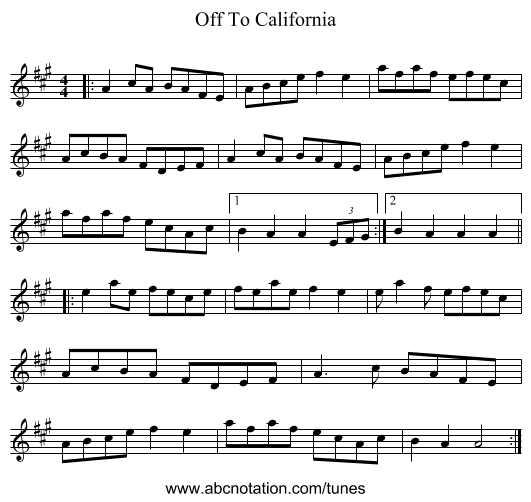 Off To California - staff notation