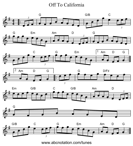 Off To California - staff notation