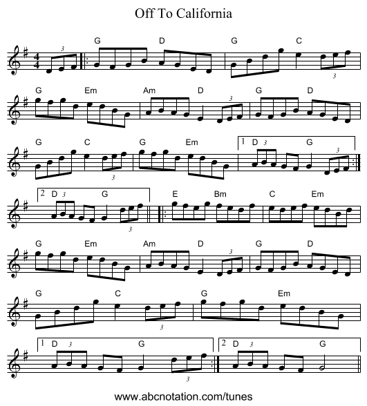 Off To California - staff notation