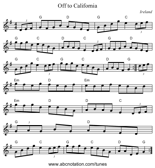 Off to California - staff notation