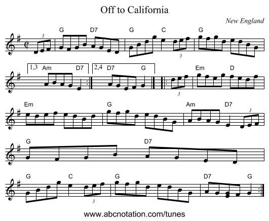 Off to California - staff notation