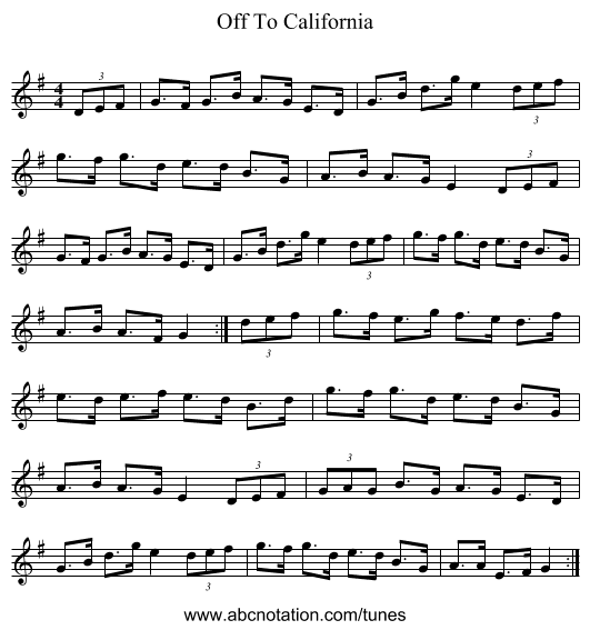 Off To California - staff notation