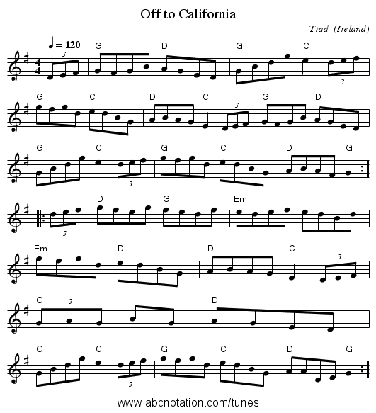 Off to California - staff notation