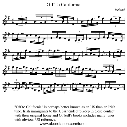 Off To California - staff notation
