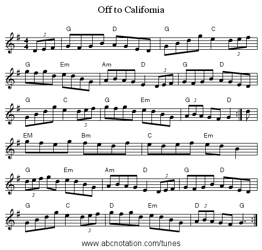 Off to California - staff notation